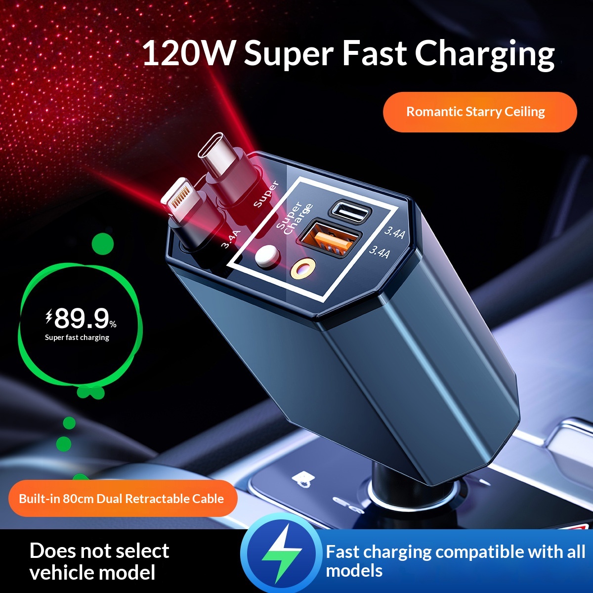 120W Car Charger with Telescop - Fast Charging Cable 评论和价格